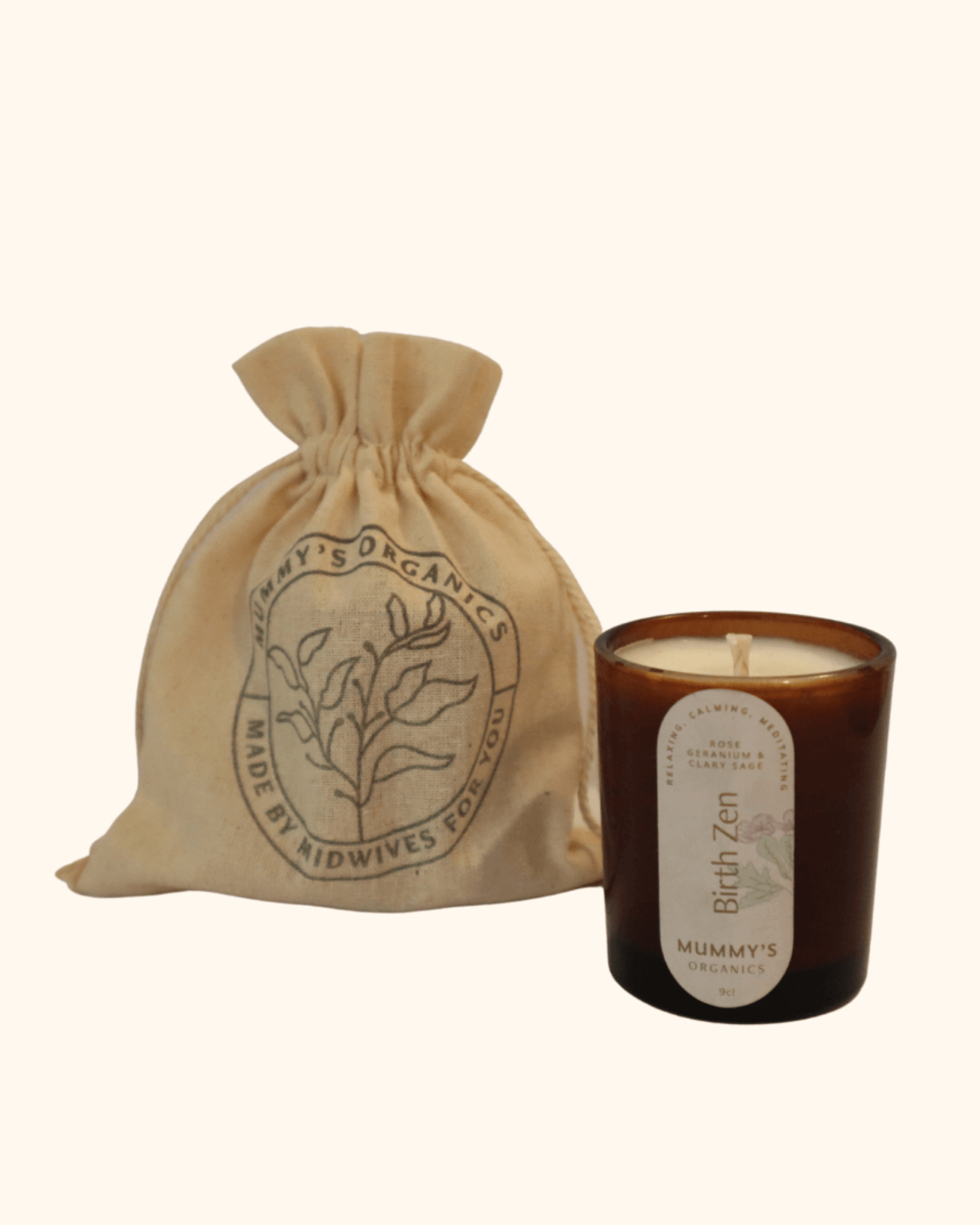  Photo of Mummy's Organics Birth Zen Candle from the front standing next to cotton bag