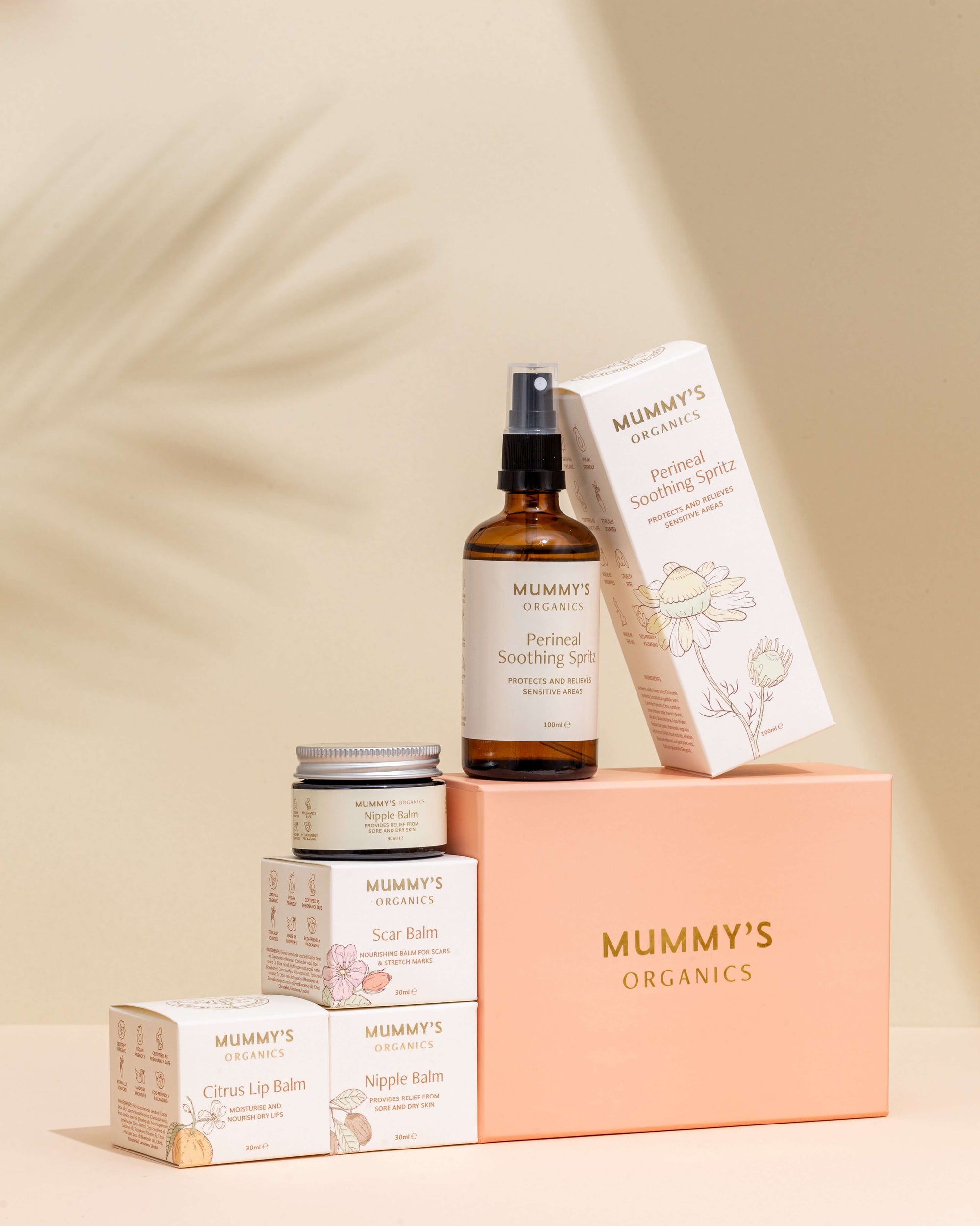 Photo of Mummy&#39;s Organics New Mum Gift Box from the front with the individual products laid out 